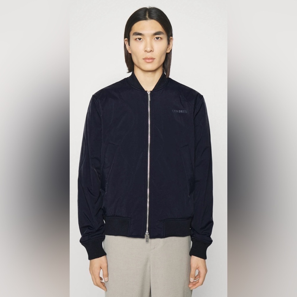 Les Deux Norman Quilted Bomber Jacket Navy Blue Size Large